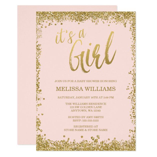 Girl Blush Pink Faux Gold Glitter Baby Shower Invitation