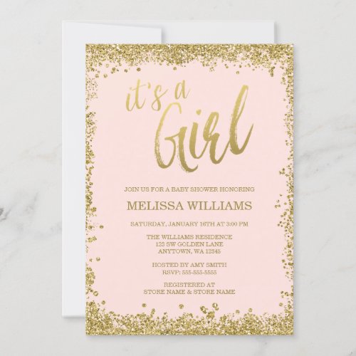 Girl Blush Pink Faux Gold Glitter Baby Shower Invitation