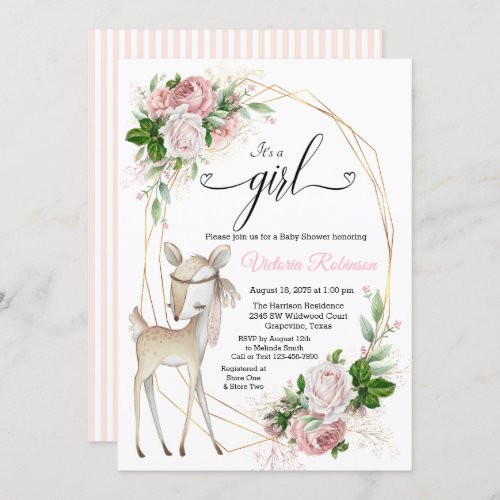 Girl Blush Pink Gold Floral Deer Baby Shower Invitation