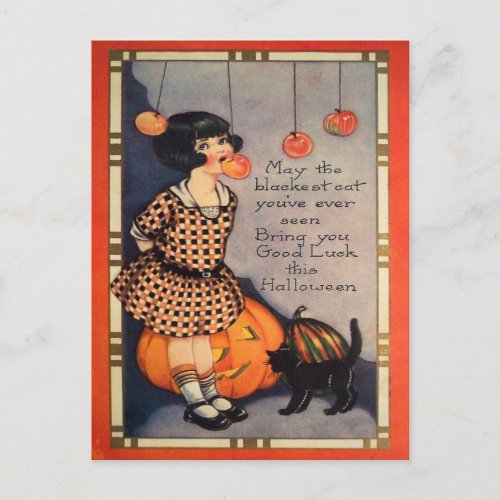 Girl Bobbing For Apples Black Cat Pumpkin Holiday Postcard