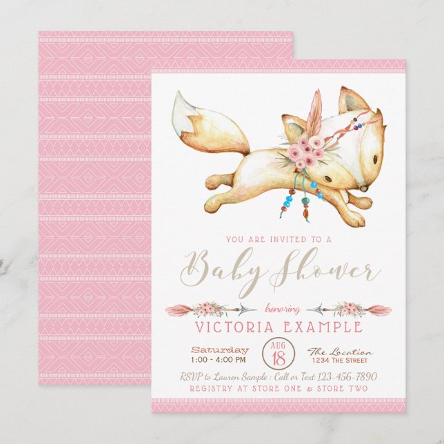 Girl Boho Fox Baby Shower Invitations (Front/Back)