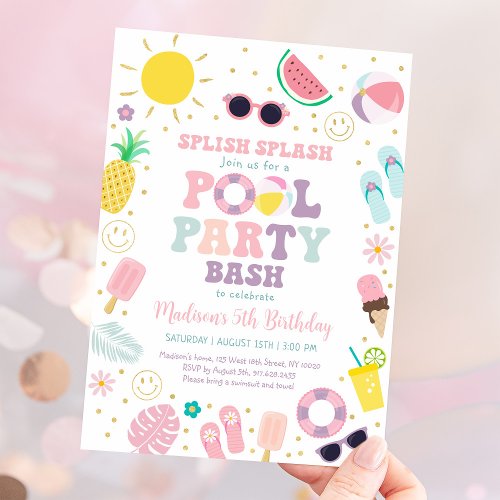 Girl Boho Hippie Pool Party Birthday Invitation