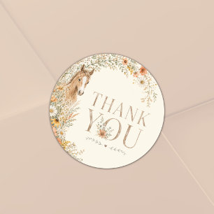 Girl Boho Orange Wildflower Horse Birthday Classic Round Sticker