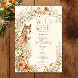 Girl Boho Orange Wildflower Horse Birthday Invitation