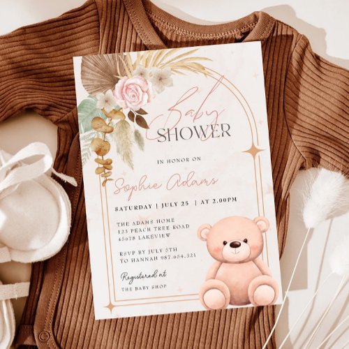 Girl Boho Teddy Bear Pink Baby Shower Invitation