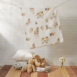 Girl Boho Wildflower Horse and Butterfly Pattern Baby Blanket