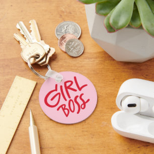 Girl Boss Bold Typography Red & Pink Feminine Keychain