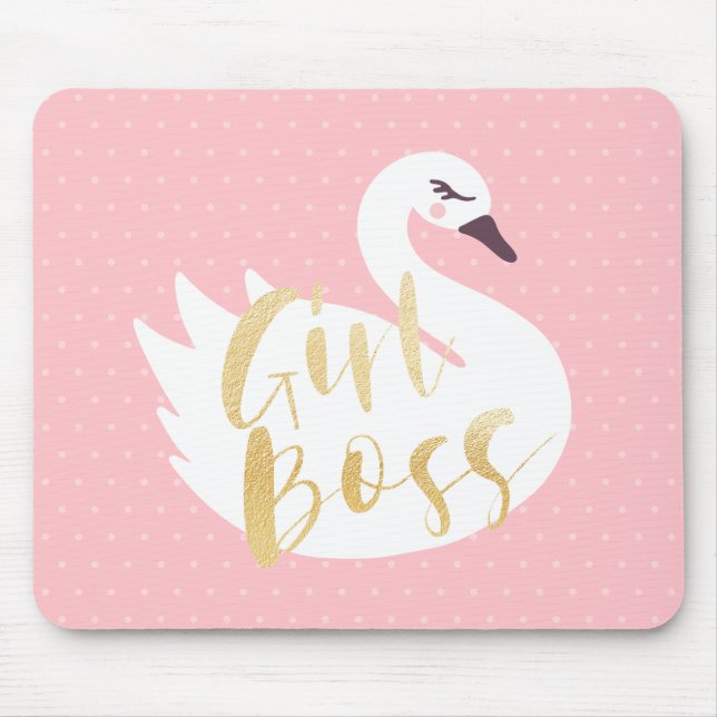 Girl Boss | Chic Girly White Swan & Polka Dot Mouse Pad (Front)