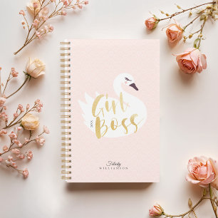Girl Boss   Chic Girly White Swan & Polka Dot Planner