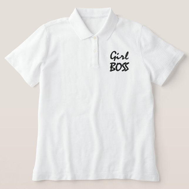 Girl Boss Cool Feminist Modern Girly Minimal Black Embroidered Polo Shirt (Design Front)