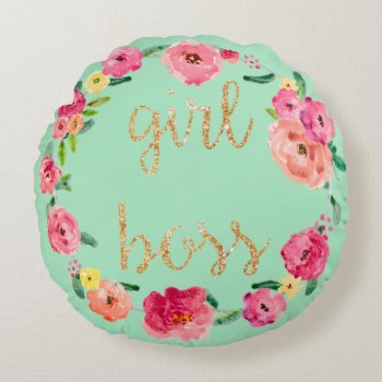 Girl Boss Floral Glitter Circle Pillow by CreationsInk at Zazzle