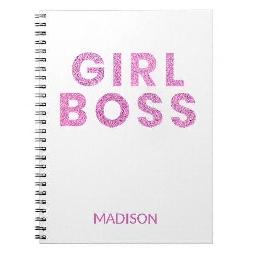 Girl Boss Glitter Pink Modern Girly Chic Name Notebook