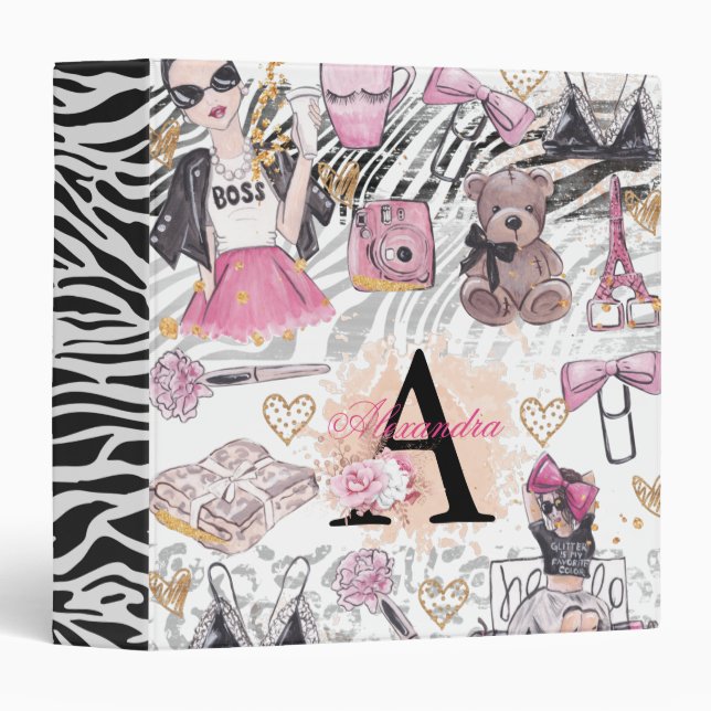 Girl Boss Luxury Illustration Personalized 3 Ring Binder (Front/Spine)