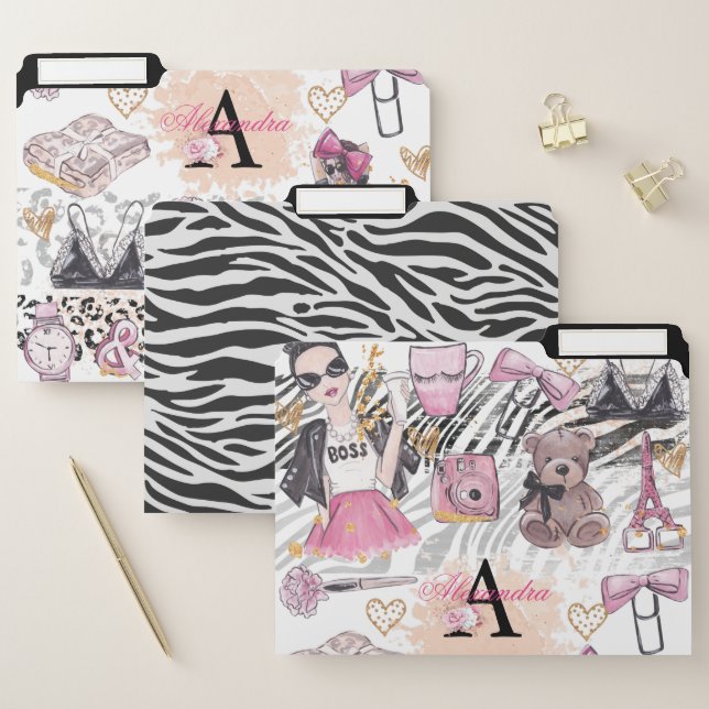 Girl Boss Luxury Illustration Pink Black File Folder (Set)