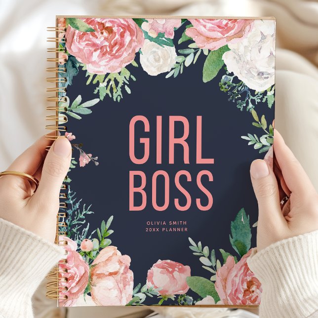 Girl Boss | Navy And Pink Floral Personalized Planner (Creator Uploaded)