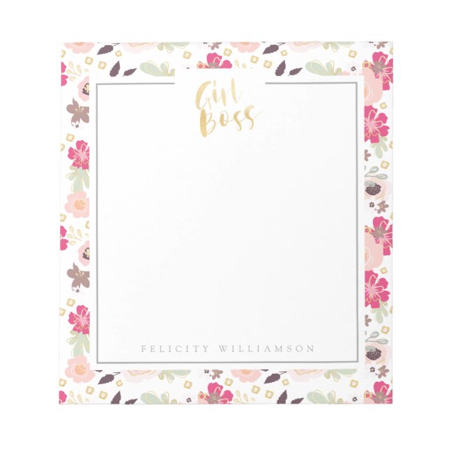 Girl Boss Trendy Vintage Floral Pattern Notepad (Front)