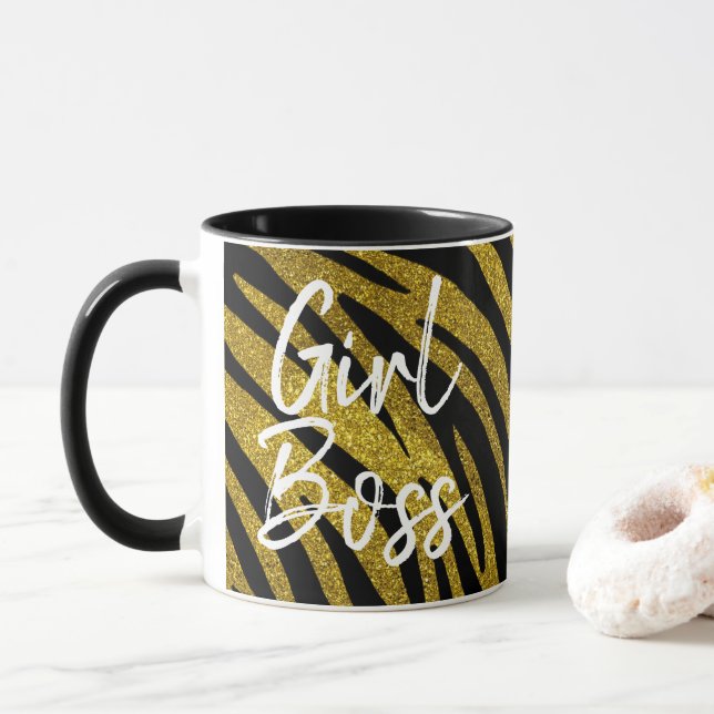 Girl Boss Zebra Stripes & Faux Gold Glitter Mug (With Donut)