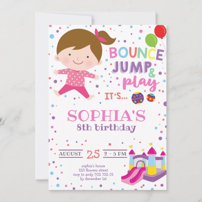 Girl Bounce Jump Colorful Rainbow Birthday Party Invitation (Front)