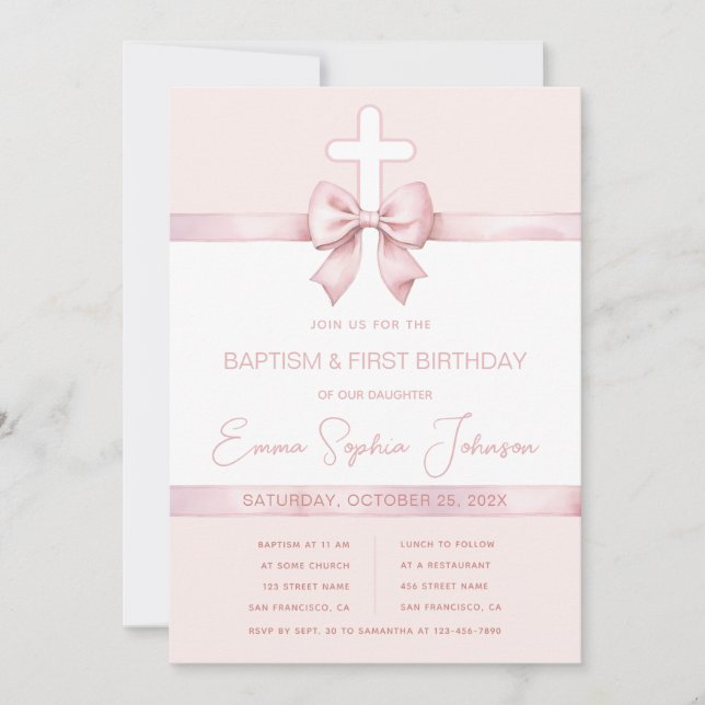 Girl Bow Baptism First Birthday Pink Ribbon Cross Invitation (Front)