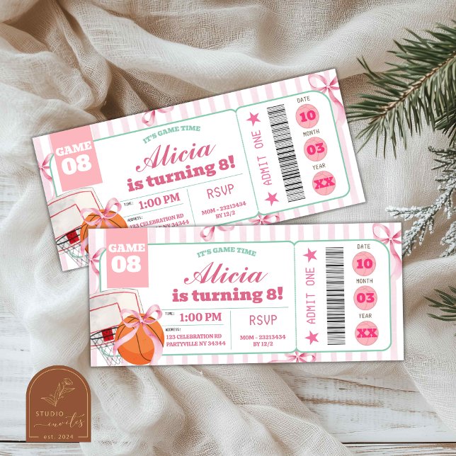 Girl Bow Basketball Birthday Ticket Invitation (Creator Uploaded)