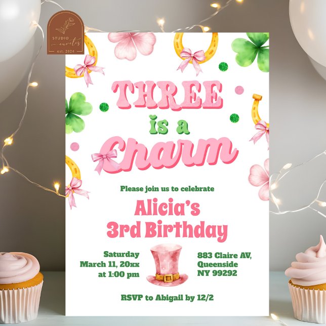 Girl Bow Glitter three is a charm St Patrick Invitation (Creator Uploaded)