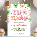 Girl Bow Glitter Two Lucky St Patrick 2nd Birthday Invitation<br><div class="desc">Pink Bow Glitter St Patrick 2nd Birthday Invitation,  Two Lucky Clover Girl Birthday Invite,  Editable Shamrock Kids Birthday Party</div>