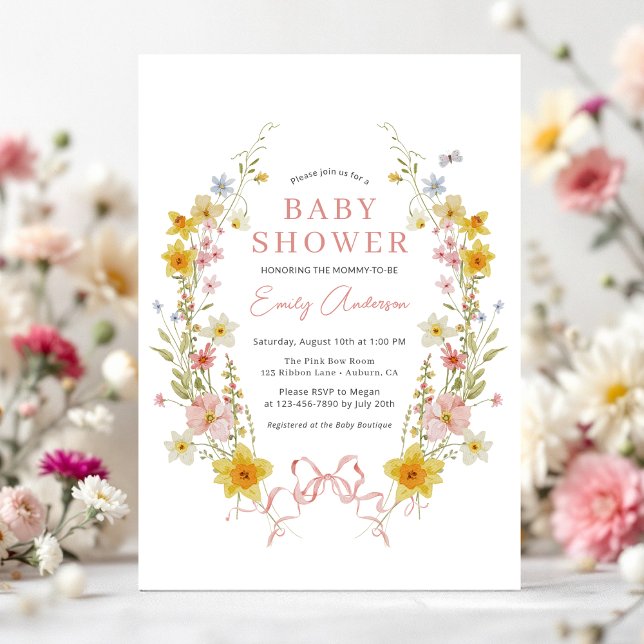 Girl Bow Pink Wildflower Coquette Baby Shower Invitation (Creator Uploaded)