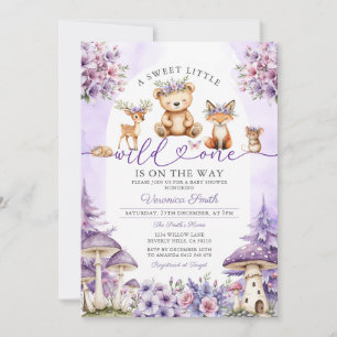 Girl Bow Purple Deer Woodland Wild One Baby Shower Invitation