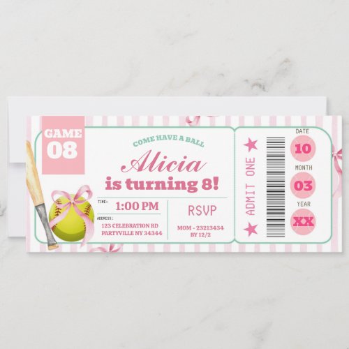 Girl Bow Softball Birthday Ticket Invitation