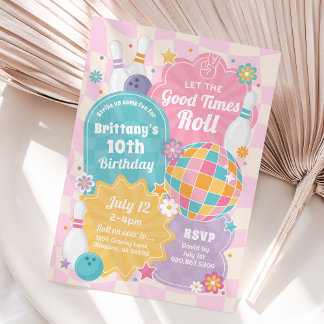Girl Bowling Birthday Party Pink Retro Invitation