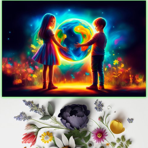 Girl boy colorful flowers planet earth green blue poster