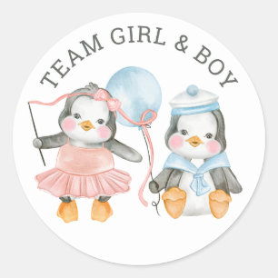 Girl & Boy Penguin. Twin Gender Reveal Voting Game Classic Round Sticker