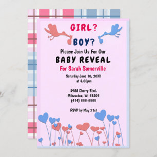 Girl, Boy Reveal, Storks, Heart Flower Baby Shower Invitation
