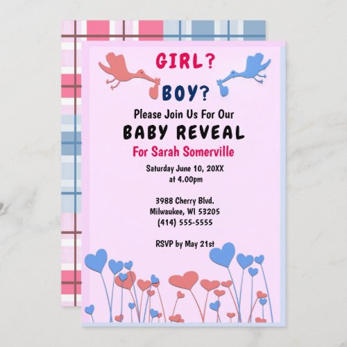 Girl Boy Reveal Storks Heart Flower Baby Shower Invitation