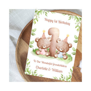 Girl Boy Twins 1st Birthday Teddy Bear Card