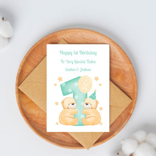 Girl Boy Twins 1st Birthday Teddy Bears Card