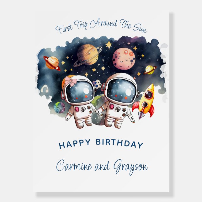 Girl Boy Twins Outerspace Happy Birthday  Foam Board (Front)