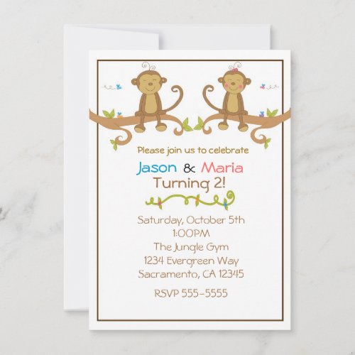 Girl Boy Twins Party Baby Shower Monkey Invitation