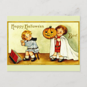 Girl & Boy Vintage Image Halloween Pumpkin & Ghost Postcard