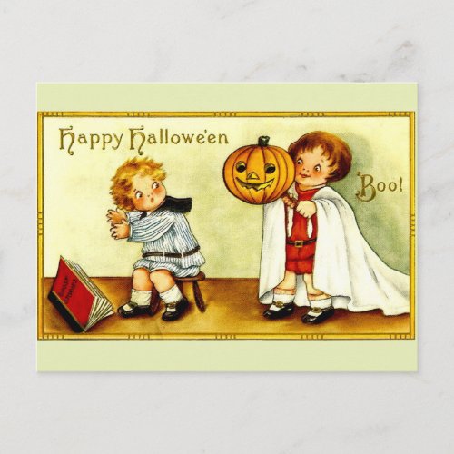 Girl  Boy Vintage Image Halloween Pumpkin  Ghost Postcard