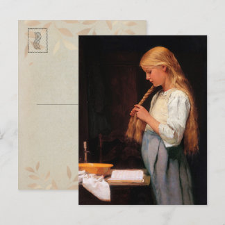 Girl Braiding Her Hair and Reading a Book Postcard
