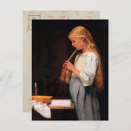 Girl Braiding Her Hair and Reading a Book Postcard