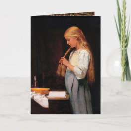Girl Braiding Her Hair and studying, Albert Anker Card