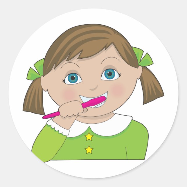 Girl Brushing Teeth Classic Round Sticker (Front)