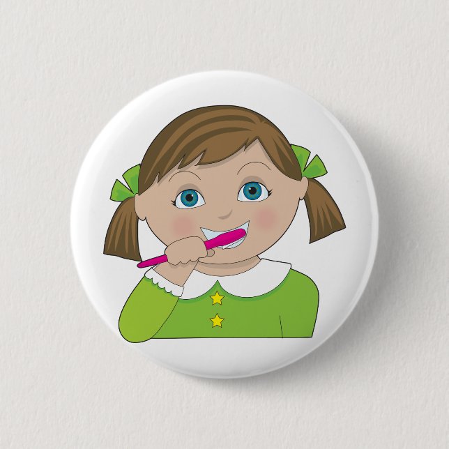 Girl Brushing Teeth Pinback Button (Front)