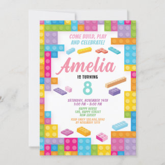 Girl Building Block Birthday Invitation. Bricks Invitation