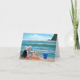Girl building sand castle at the beach note cards