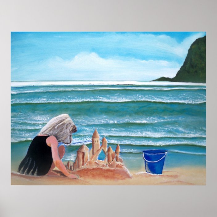 Girl Building Sand Castle By The Sea Painting Art Poster Zazzle Com