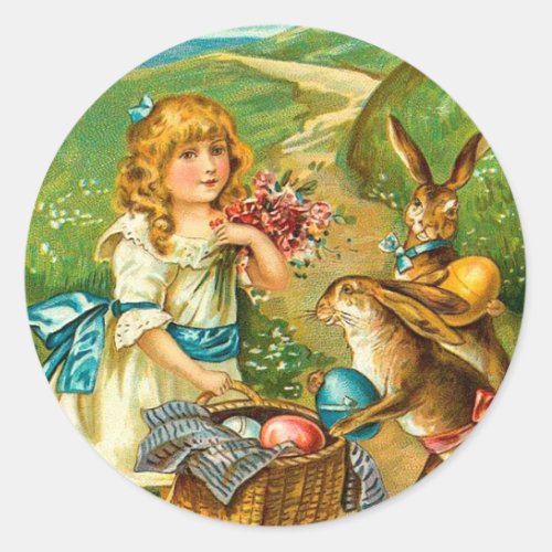 Girl  Bunnies Floral Vintage Easter Landscape Classic Round Sticker