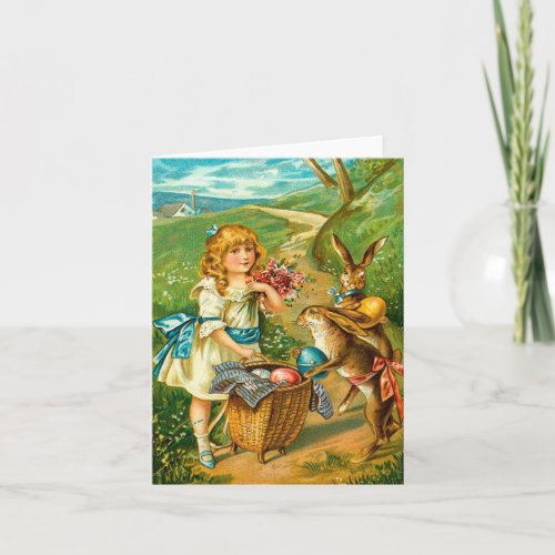 Girl  Bunnies Floral Vintage Easter Landscape Holiday Card